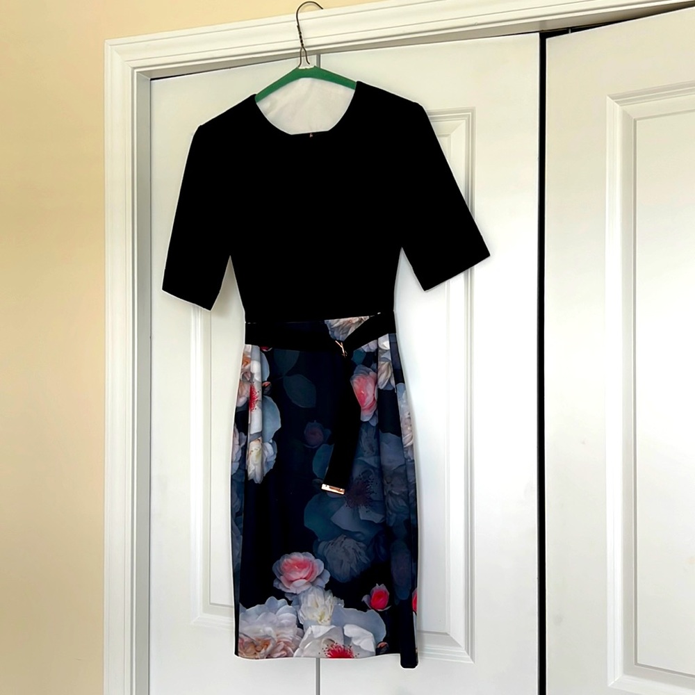 Ted Baker Dress. Beautiful zipper up the back floral bottom with black top.